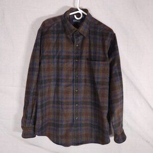 VTG Lands End Mens Plaid Wool Shirt L Brown Blue Hong Kong 90S Outdoor